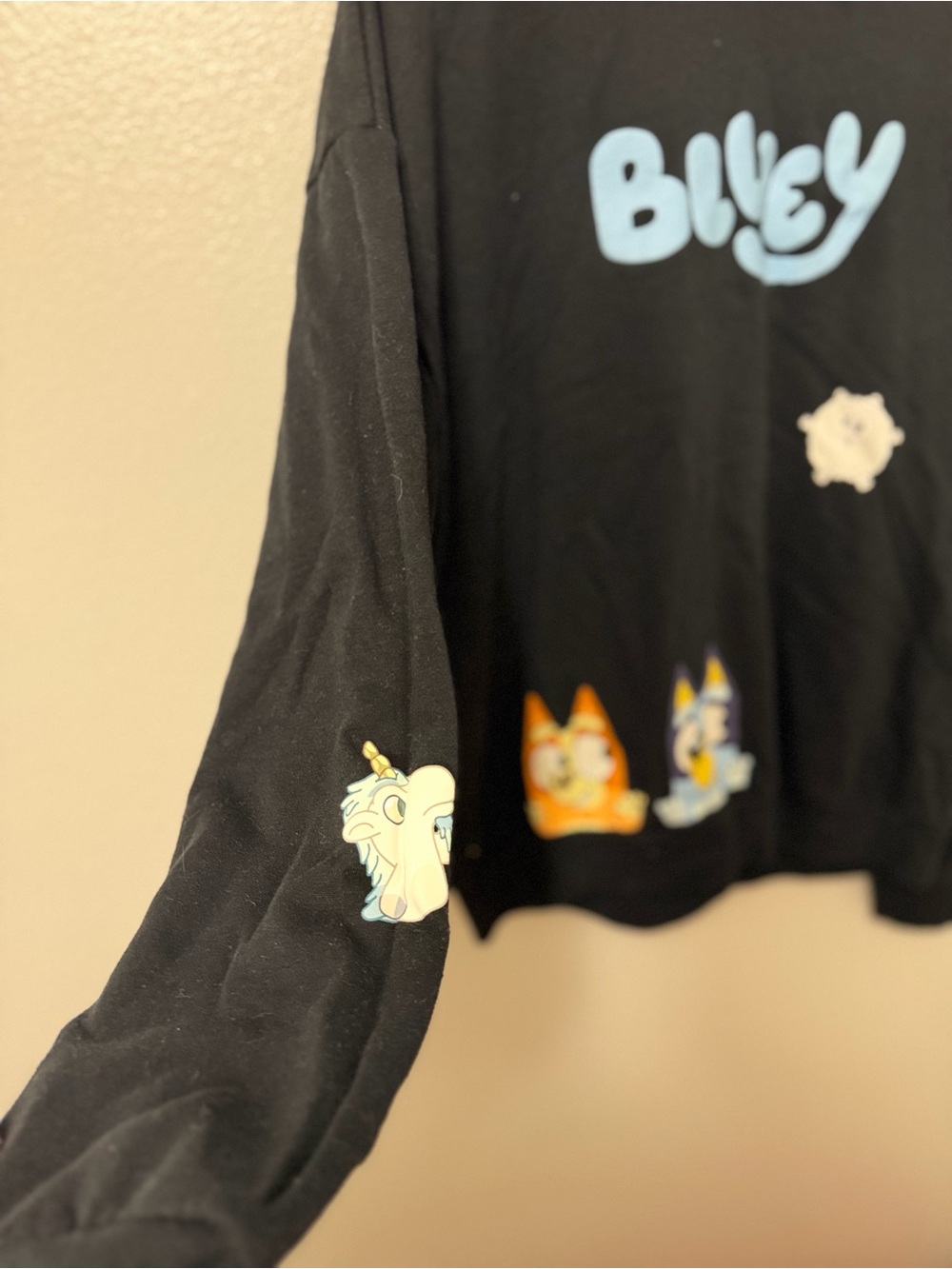 Bluey Adult Black Pullover Sweatshirt with Blue Logo and Character Graphics - Picture 2 of 3